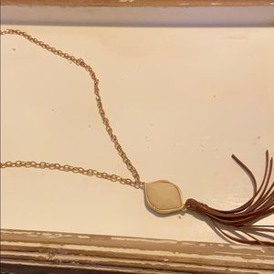 Long necklace. Pearl and black w/ leather tassel